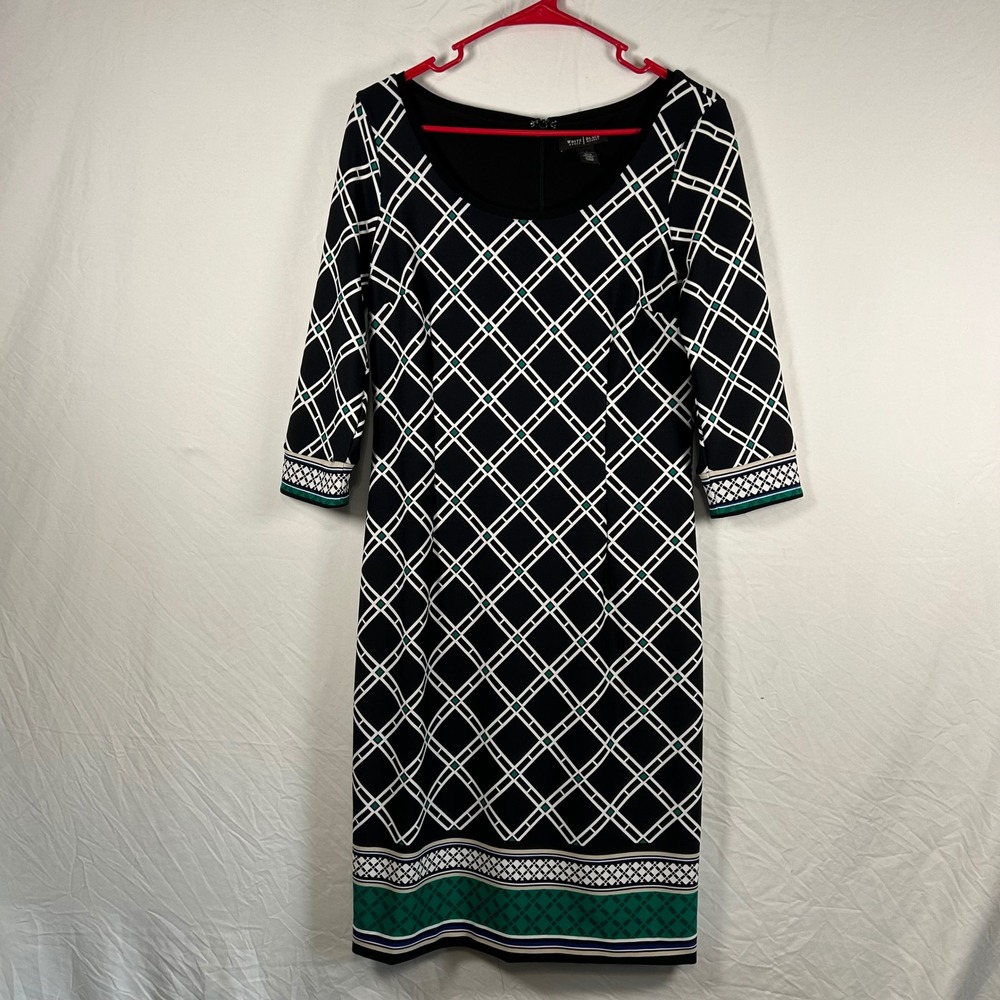 White House Black Market Sheath Dress Womens 6 Black White Green Geometric